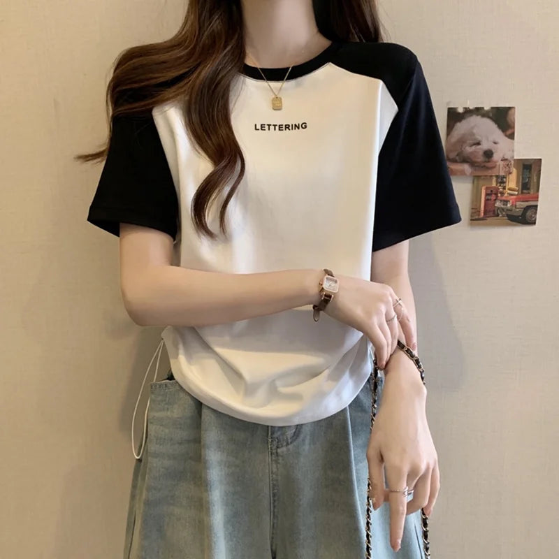 Women's Raglan Sleeve T Shirt Letter Print Drawstring Ruched Casual Short Sleeve Crop Top for Summer