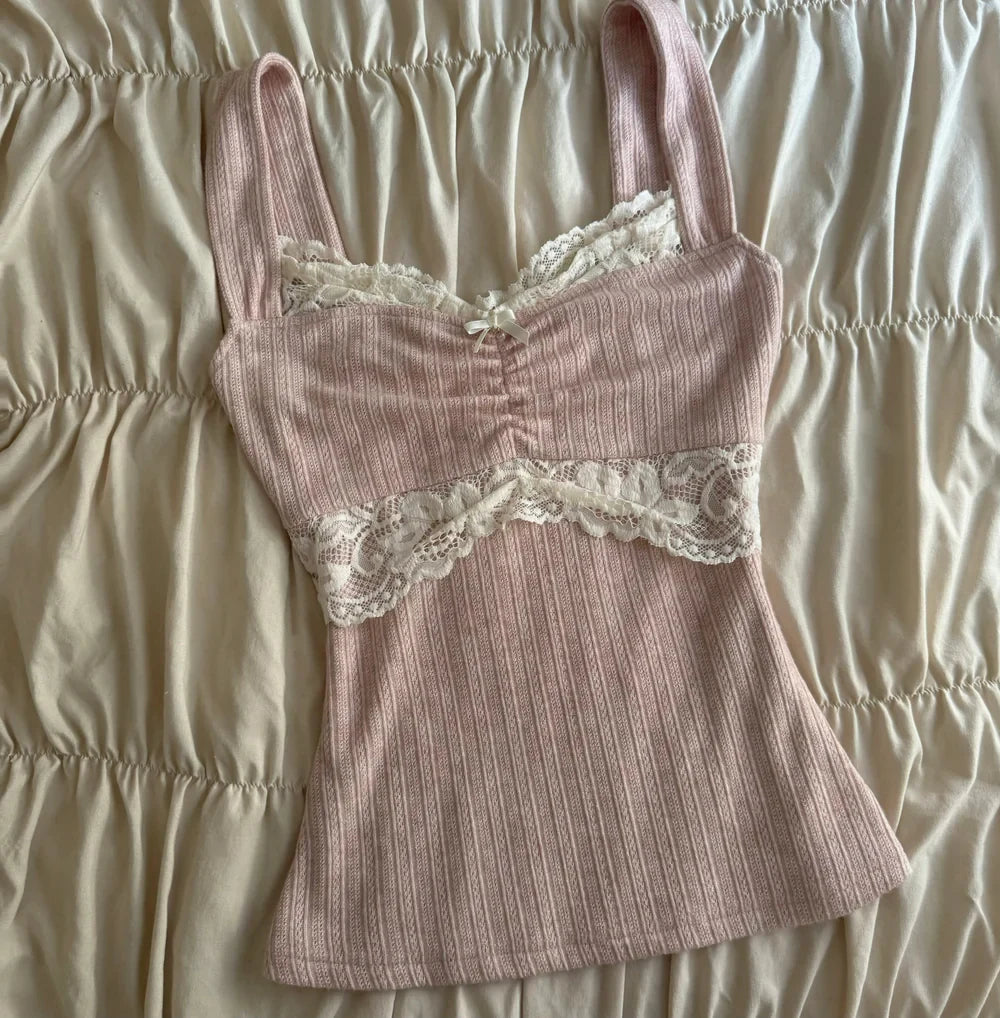 Summer Lace Patchwork Coquette T-shirt Ribbed Knit Slim Fit Milkmaid Tees Women Short Sleeve Y2k Grunge Crop Tops Aesthetic