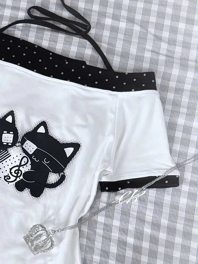 Trendy Cute Polka Dot ort Sve Waist Cinched Belted Fake Two-Piece Bow Tie One-oulder Top for Young Women Summer Wear