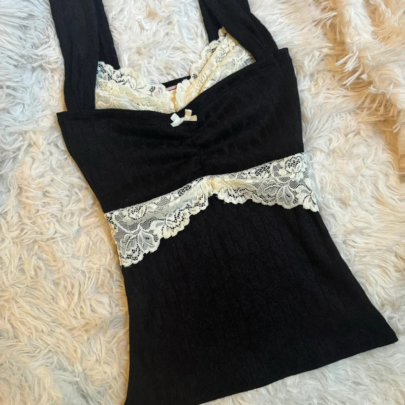 Summer Lace Patchwork Coquette T-shirt Ribbed Knit Slim Fit Milkmaid Tees Women Short Sleeve Y2k Grunge Crop Tops Aesthetic